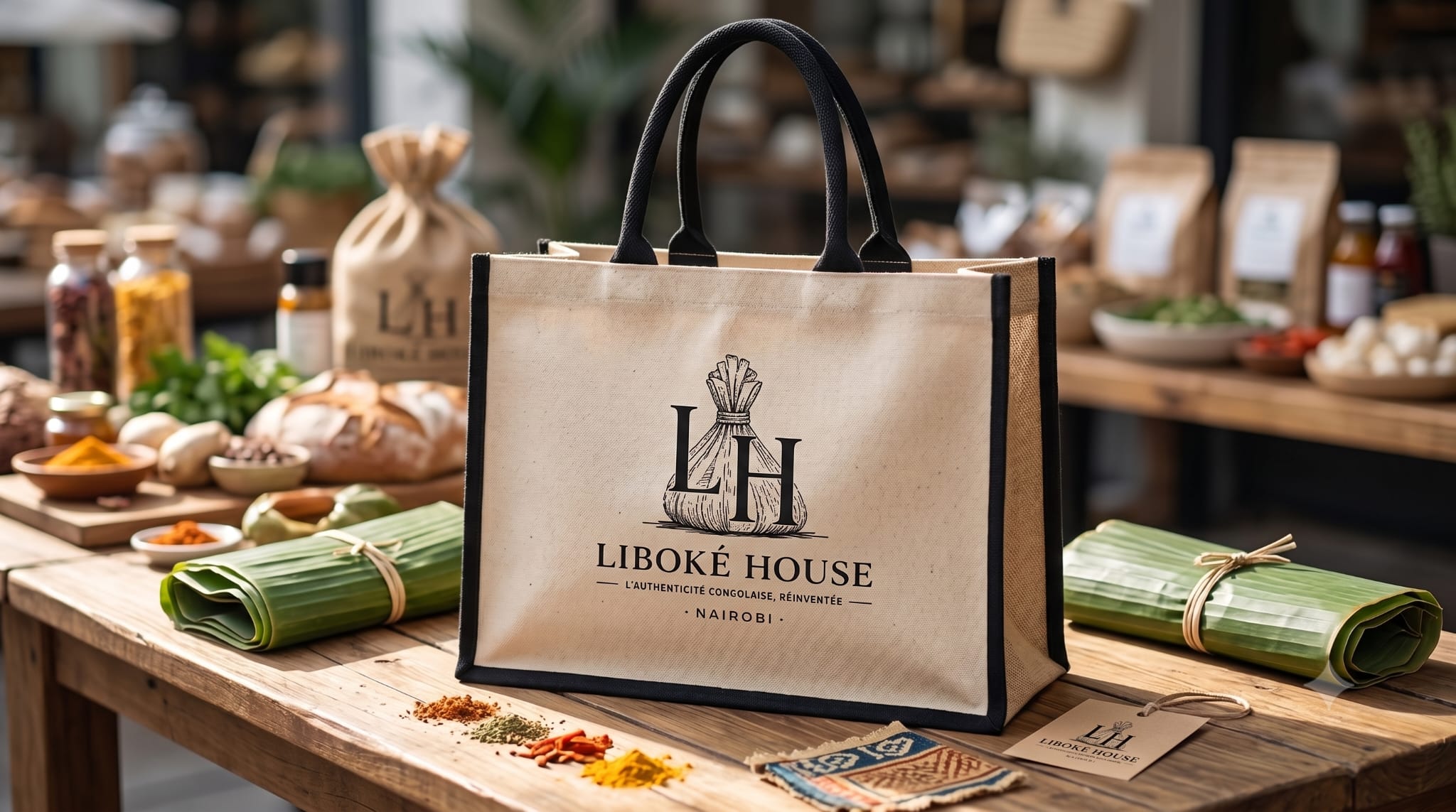 Liboké House signature delivery tote, branded with the Liboké House logo, surrounded by spices and banana leaves